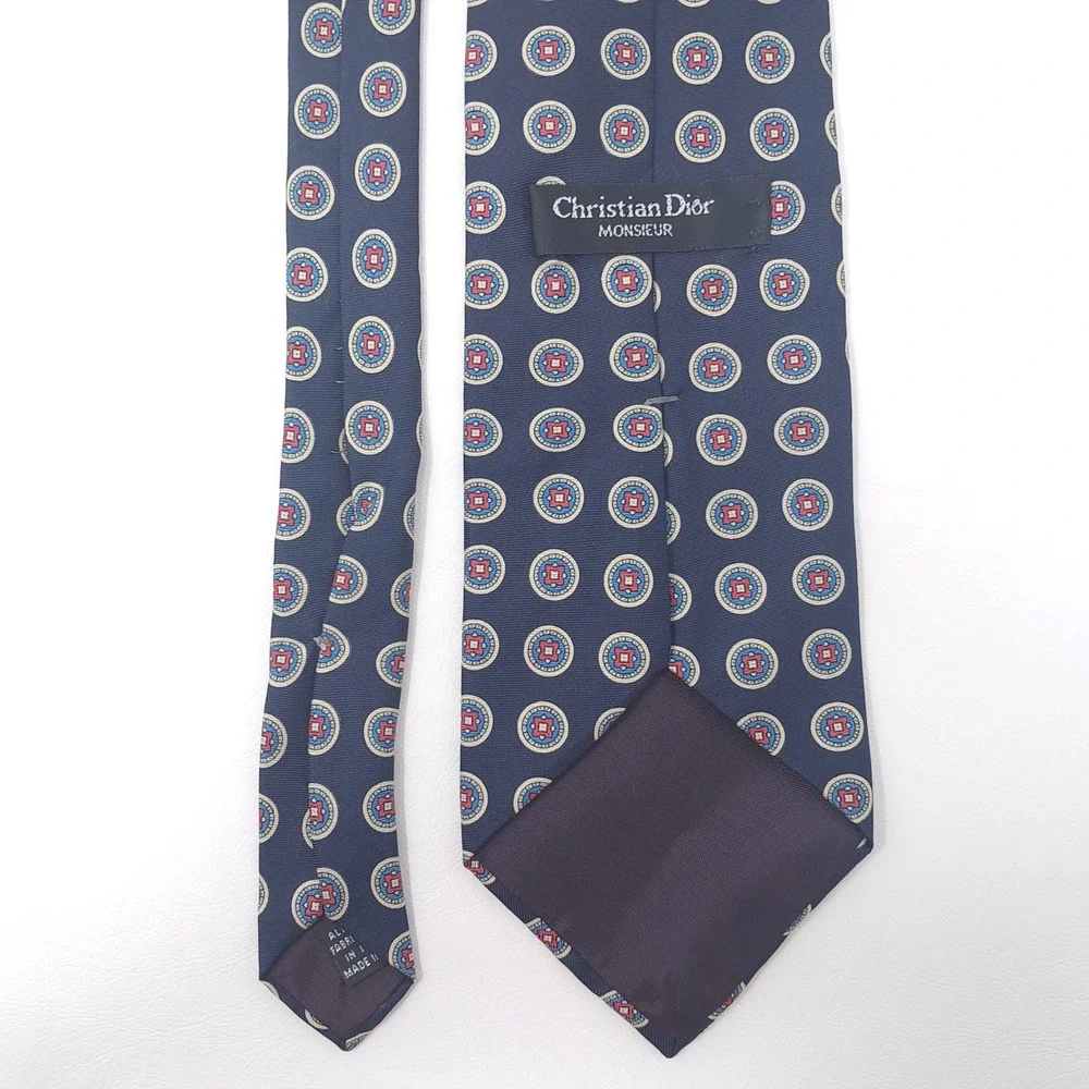 Vtg Christian Dior Monsieur Tie Navy Blue Geometric Silk Woven Italy Made USA